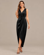Women's Double-Faced Satin V-Neck Slit Maxi Dress | Oyese