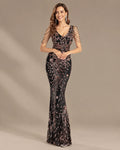 V-Neck Floral Sequin Embroidered Mermaid Evening Gown | Oyese