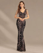 V-Neck Floral Sequin Embroidered Mermaid Evening Gown | Oyese