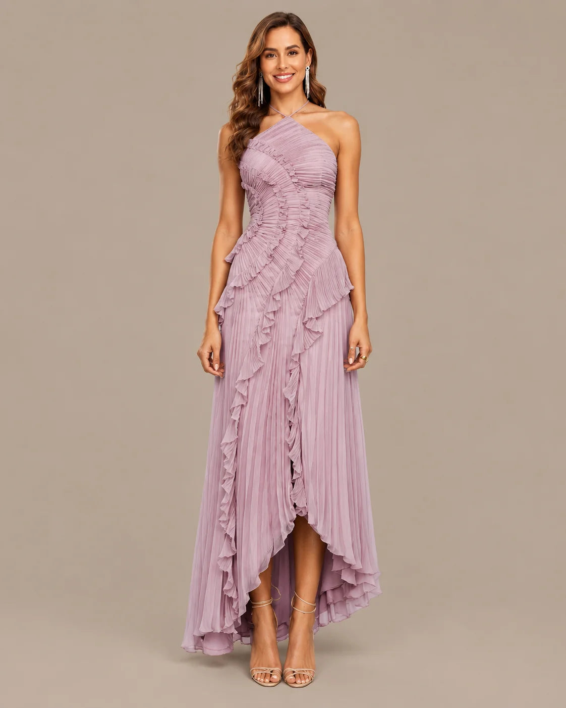 One-Shoulder Draped Ruffle High-Low Maxi Gown | Oyese
