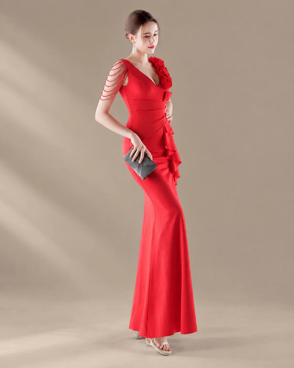 V-Neck 3D Floral Shoulder Beaded Mermaid Evening Gown | Oyese