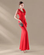 V-Neck 3D Floral Shoulder Beaded Mermaid Evening Gown | Oyese