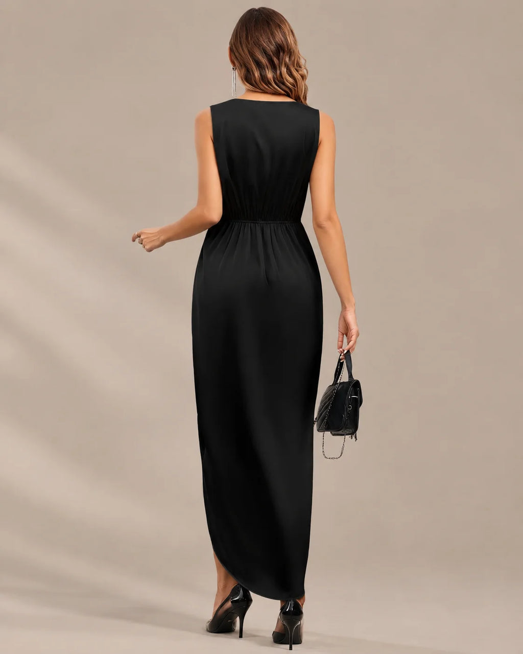 Women's Double-Faced Satin V-Neck Slit Maxi Dress | Oyese