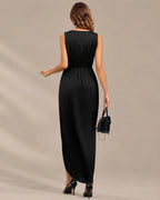 Women's Double-Faced Satin V-Neck Slit Maxi Dress | Oyese