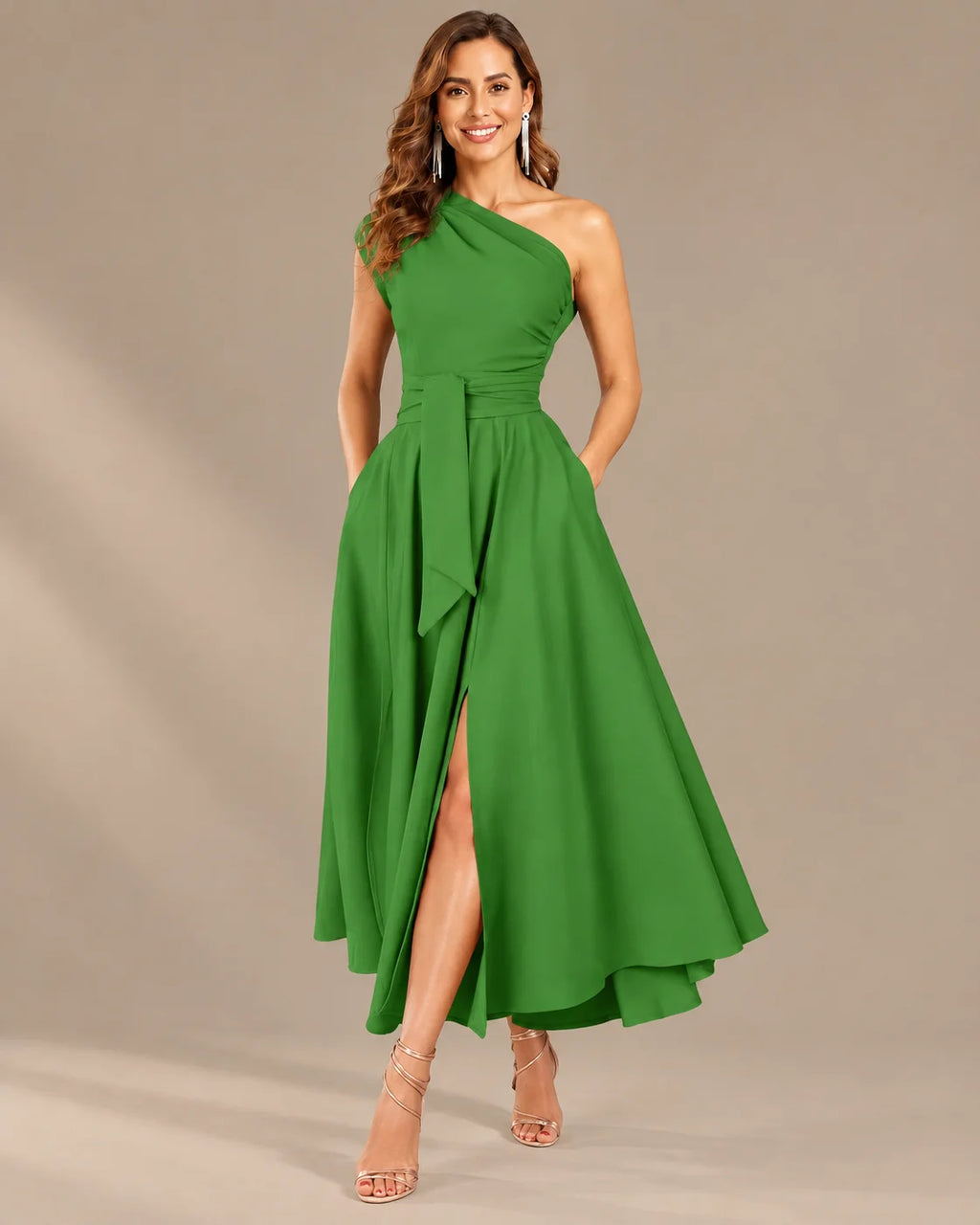 One-Shoulder Cap Sleeve Belted Fit and Flare Midi Dress | Oyese
