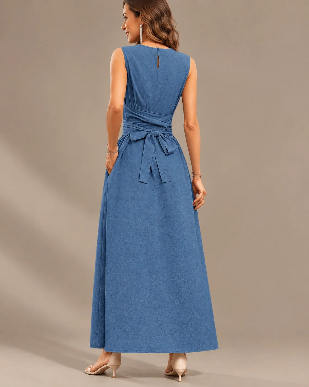 Round Neck Tie Waist Relaxed Maxi Dress – Sleeveless Textured Casual Dress | Oyese