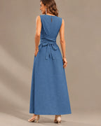 Round Neck Tie Waist Relaxed Maxi Dress – Sleeveless Textured Casual Dress | Oyese