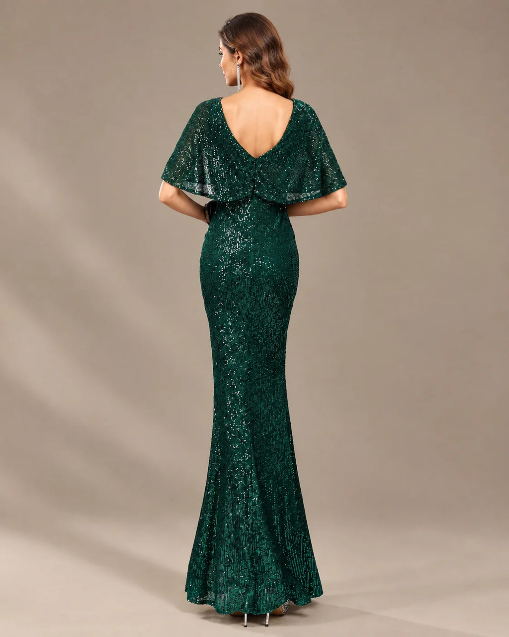 V-Neck Batwing Sleeve Sequin Mermaid Evening Gown | Oyese