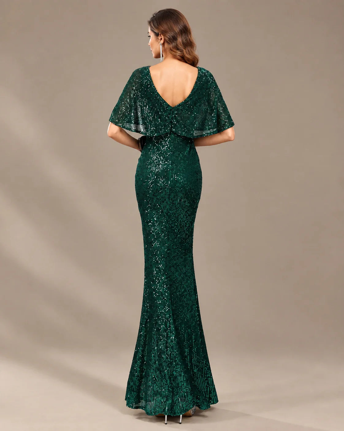 V-Neck Batwing Sleeve Sequin Mermaid Evening Gown | Oyese