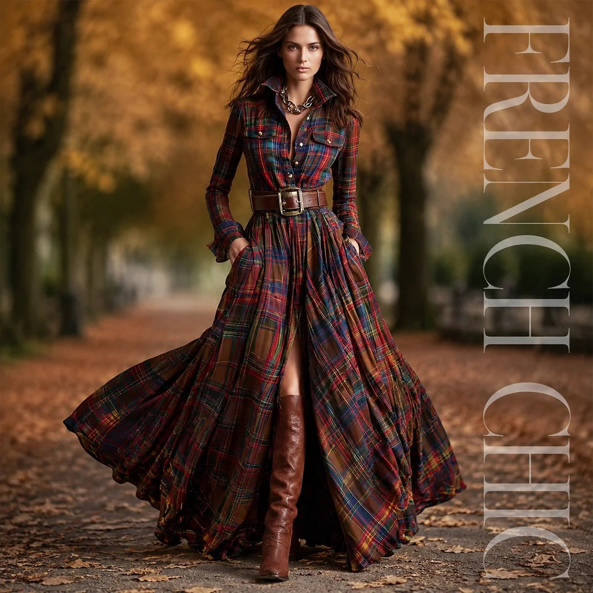 Women's Tartan Plaid Maxi Shirt Dress