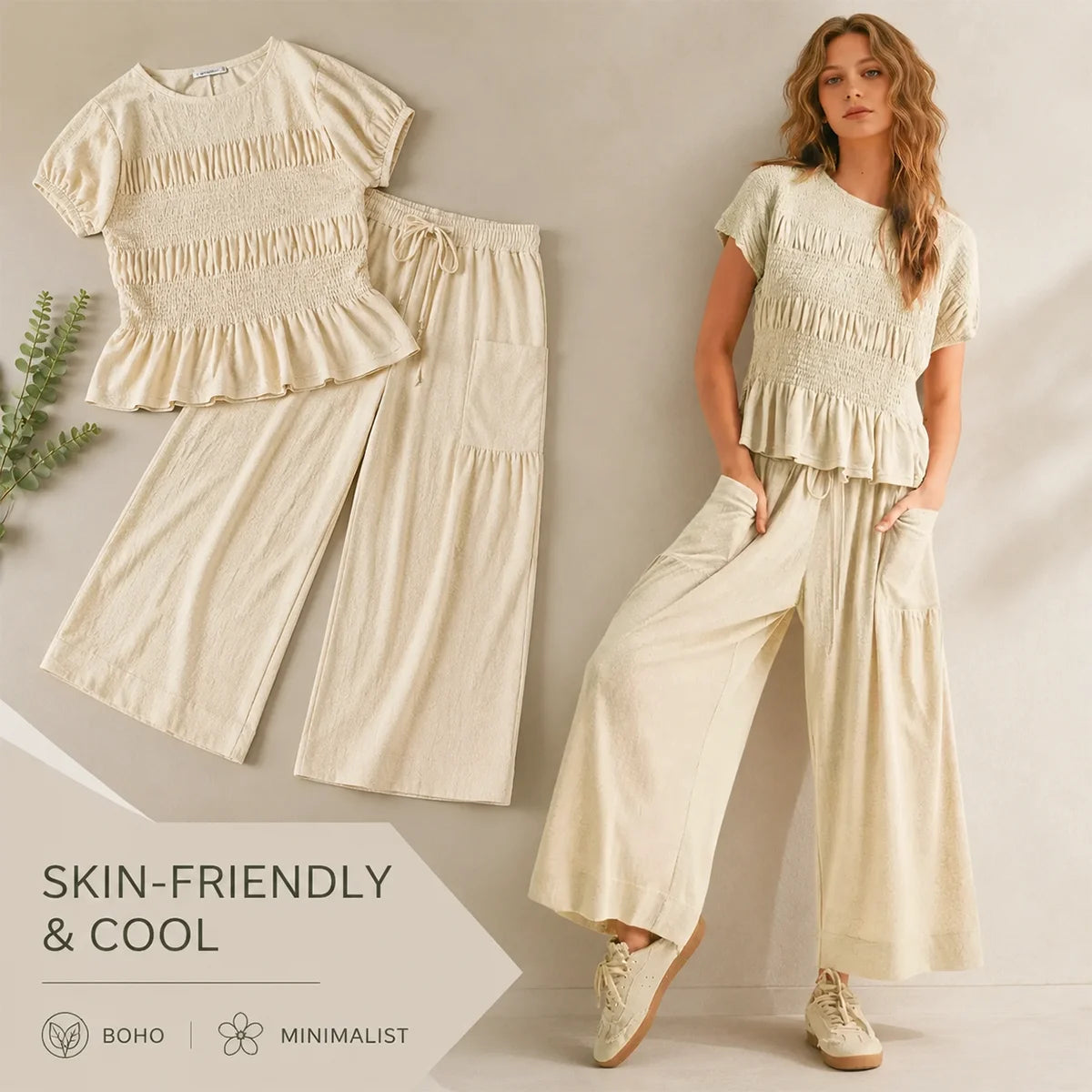 Women's 2-Piece Smocked Top & Wide-Leg Pants Set