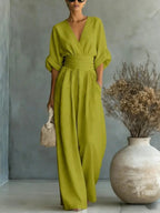 Women's Elegant V-Neck Wide-Leg Jumpsuit