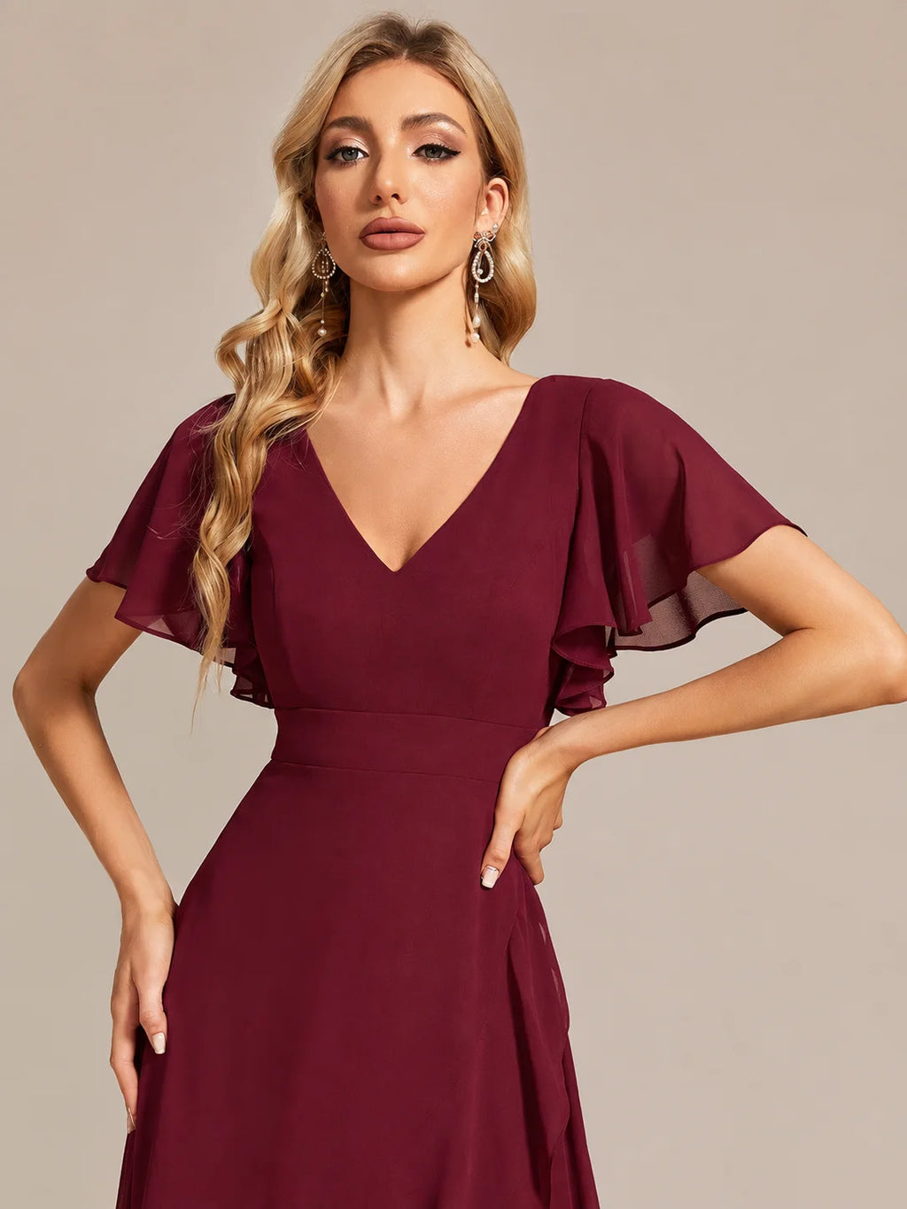 Double V-Neck Flutter Sleeve Flowy Slit Maxi Gown | Oyese