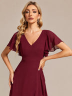 Double V-Neck Flutter Sleeve Flowy Slit Maxi Gown | Oyese
