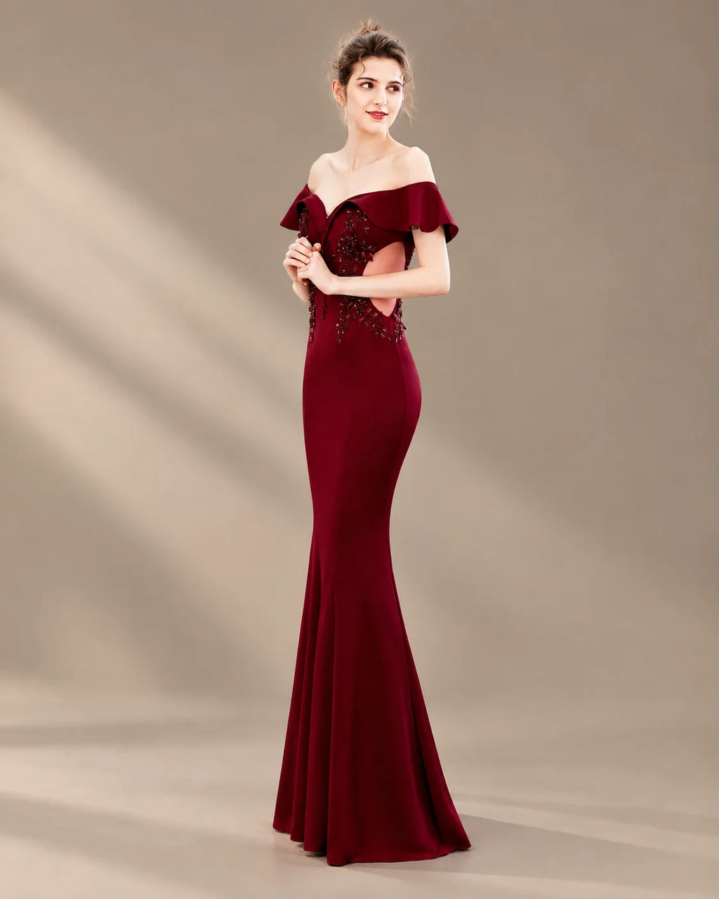 Off-Shoulder Ruffle Sleeve Beaded Mermaid Evening Gown | Oyese