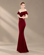 Off-Shoulder Ruffle Sleeve Beaded Mermaid Evening Gown | Oyese