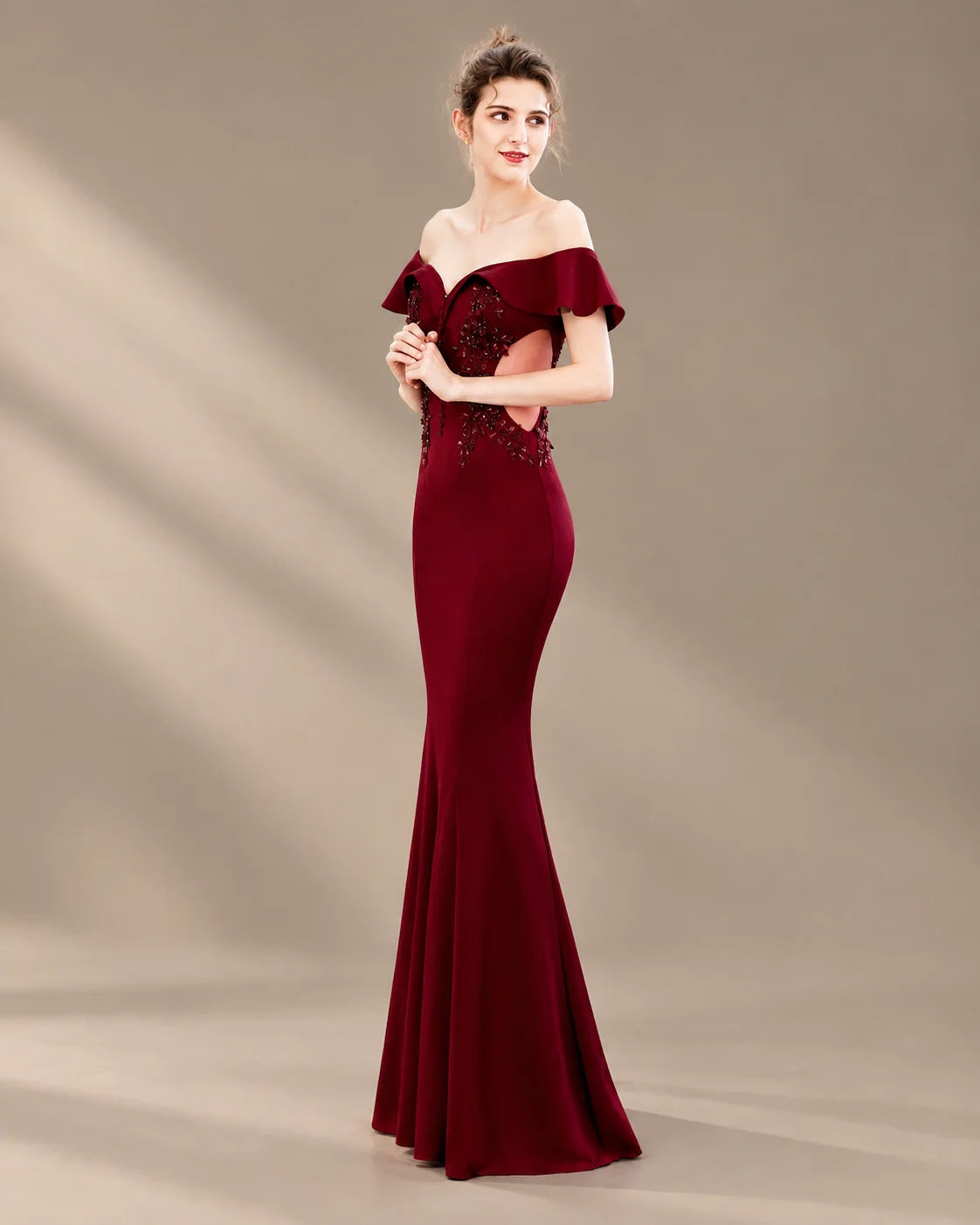 Off-Shoulder Ruffle Sleeve Beaded Mermaid Evening Gown | Oyese