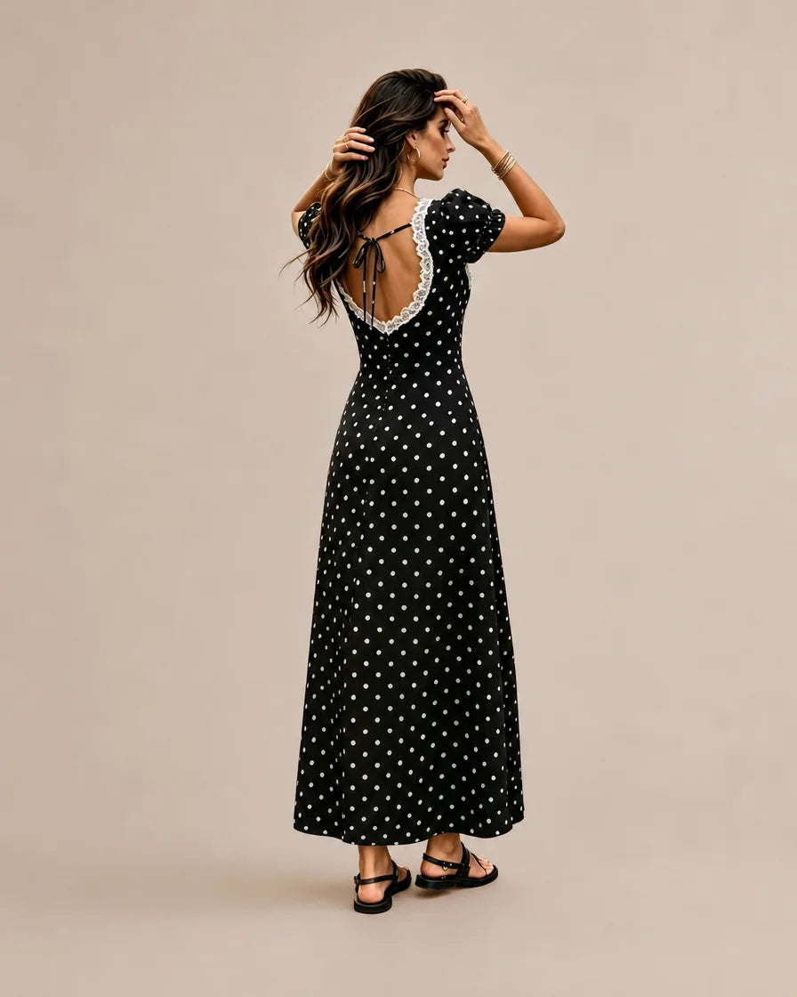 Polka Dot Lace Trim Puff Sleeve Maxi Dress – French Deep V Vintage | Oyese