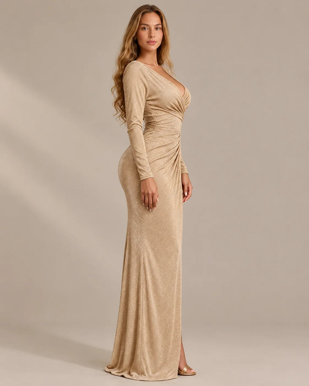 Shimmer Wrap V Neck Long Sleeve Maxi Dress – High Slit Evening Gown | Oyese