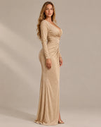 Shimmer Wrap V Neck Long Sleeve Maxi Dress – High Slit Evening Gown | Oyese