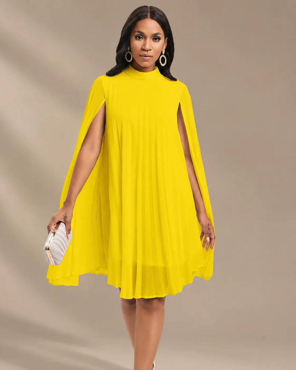 Mock Neck Pleated Chiffon Cape Shift Dress | Oyese