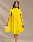 Mock Neck Pleated Chiffon Cape Shift Dress | Oyese