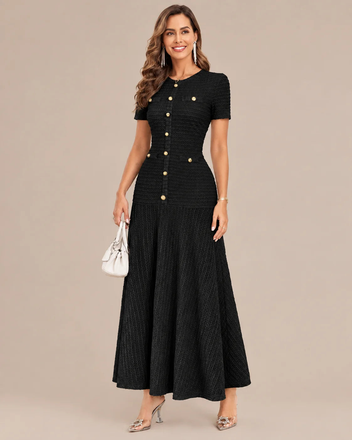 Textured Tweed Button Front Fitted Flare Midi Dress | Oyese