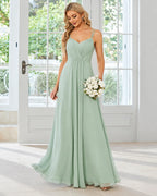 V-Neck Open Back Pleated A-Line Bridesmaid Gown | Oyese