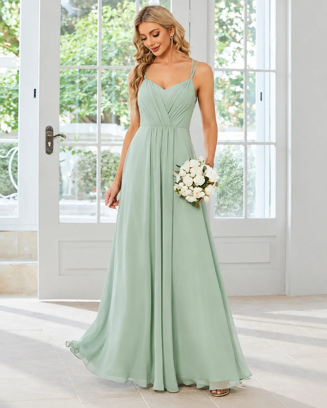 V-Neck Open Back Pleated A-Line Bridesmaid Gown | Oyese