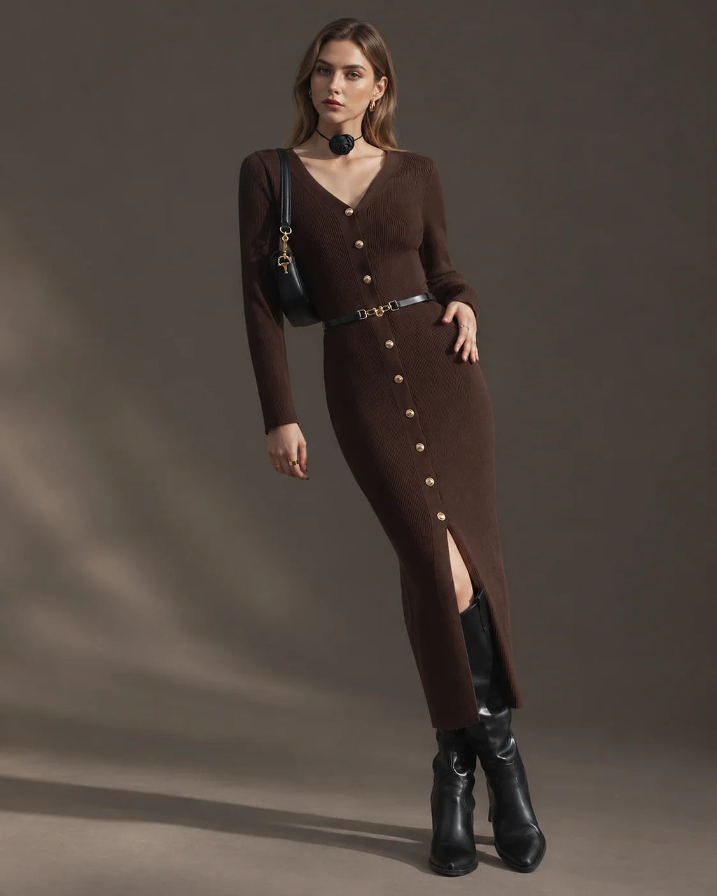 Ribbed Knit Button-Front Sweater Dress + Free Belt | Oyese