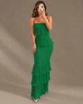 Strapless Pleated Tiered Ruffle Fitted Maxi Dress | Oyese
