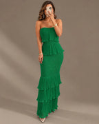 Strapless Pleated Tiered Ruffle Fitted Maxi Dress | Oyese