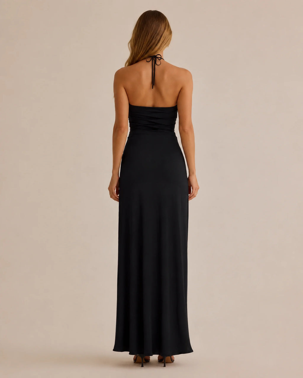 Halter Neck Draped Gold Hardware Maxi Dress – Minimalist Bodycon Gown | Oyese