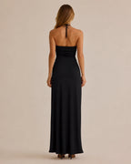 Halter Neck Draped Gold Hardware Maxi Dress – Minimalist Bodycon Gown | Oyese