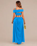 Off-Shoulder Cutout Mesh Draped Maxi Dress | Oyese