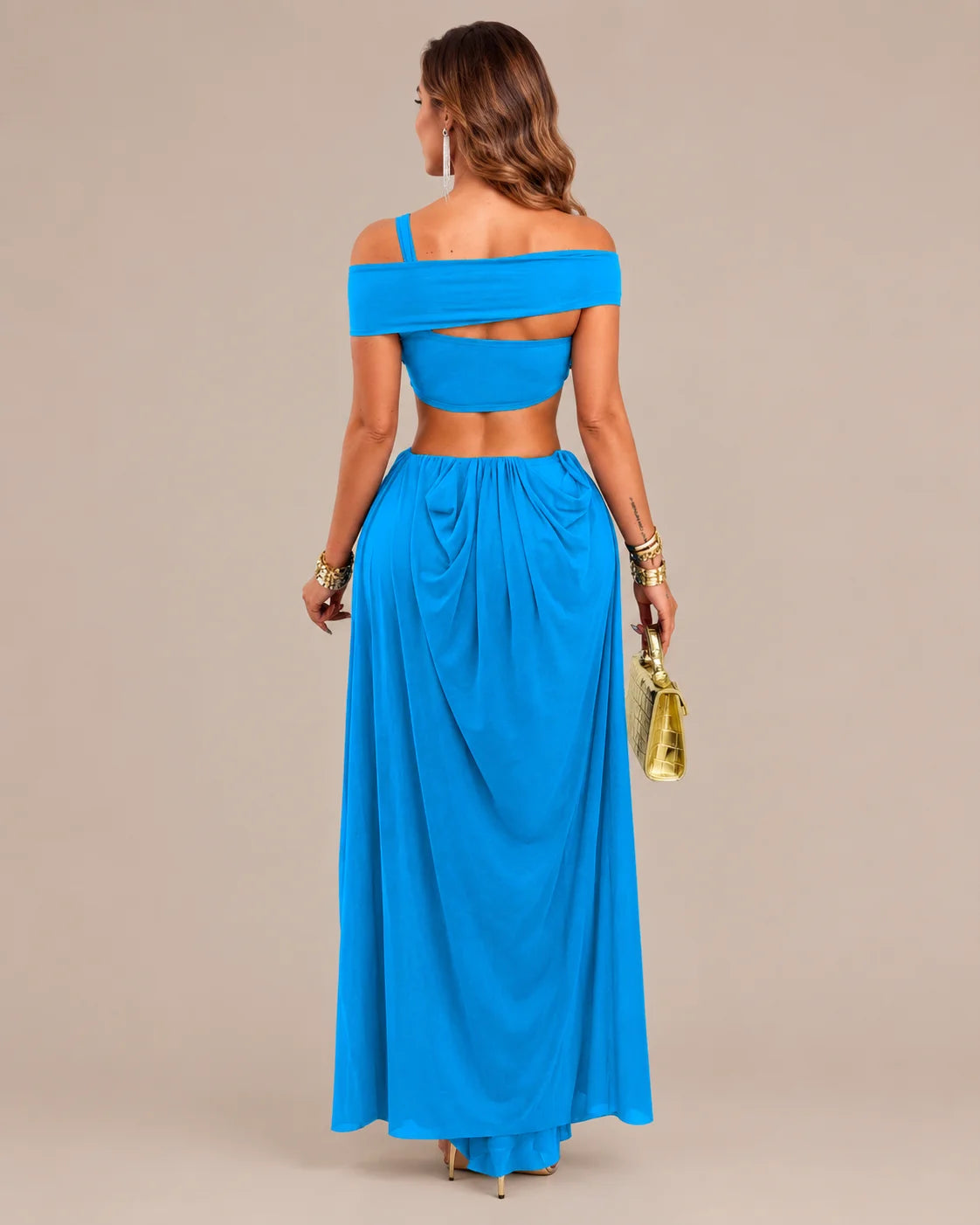 Off-Shoulder Cutout Mesh Draped Maxi Dress | Oyese