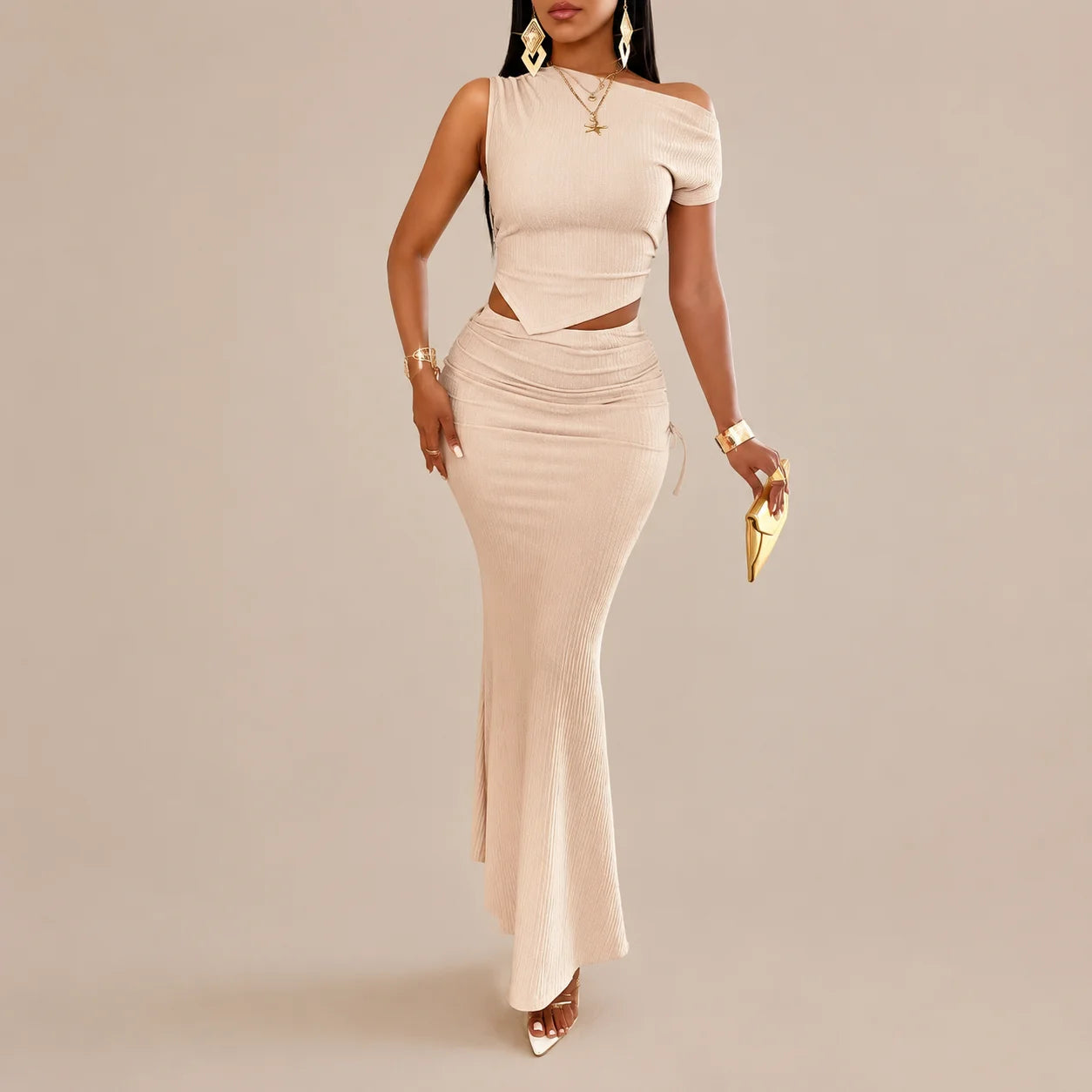One Shoulder Crop Top & Ruched Mermaid Skirt Set – Asymmetric 2-Piece | Oyese
