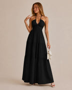 Halter Deep V-Neck Tiered Maxi Dress – Flowy Vacation Beach Dress | Oyese