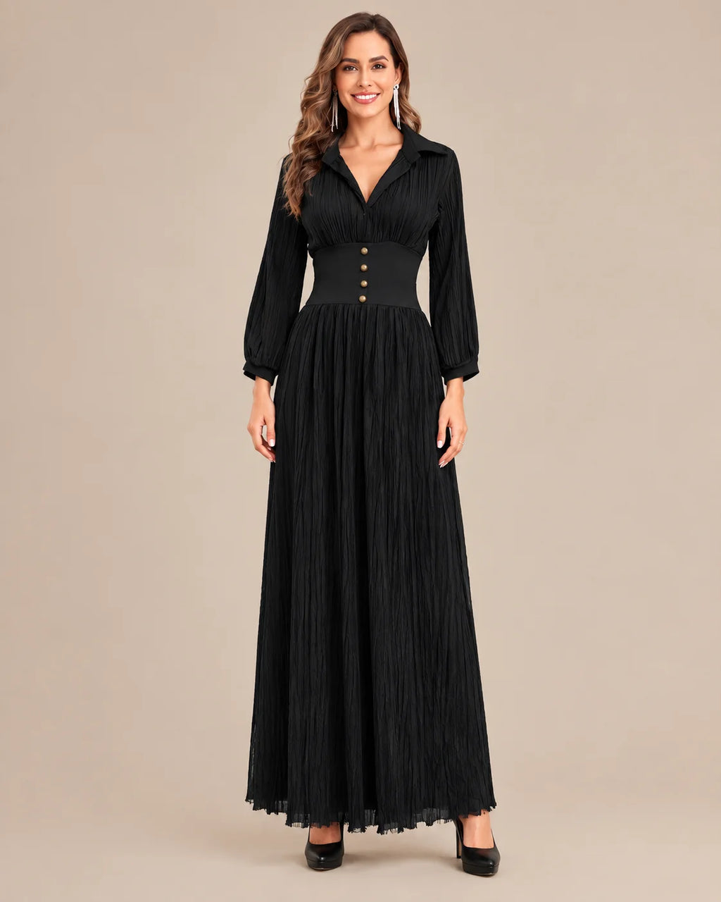 Shirt Collar Button Front Pleated A-Line Maxi Dress | Oyese