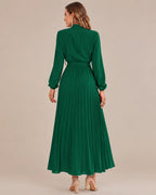 Ruffled Mock Neck Belted Pleated Midi Dress | Oyese
