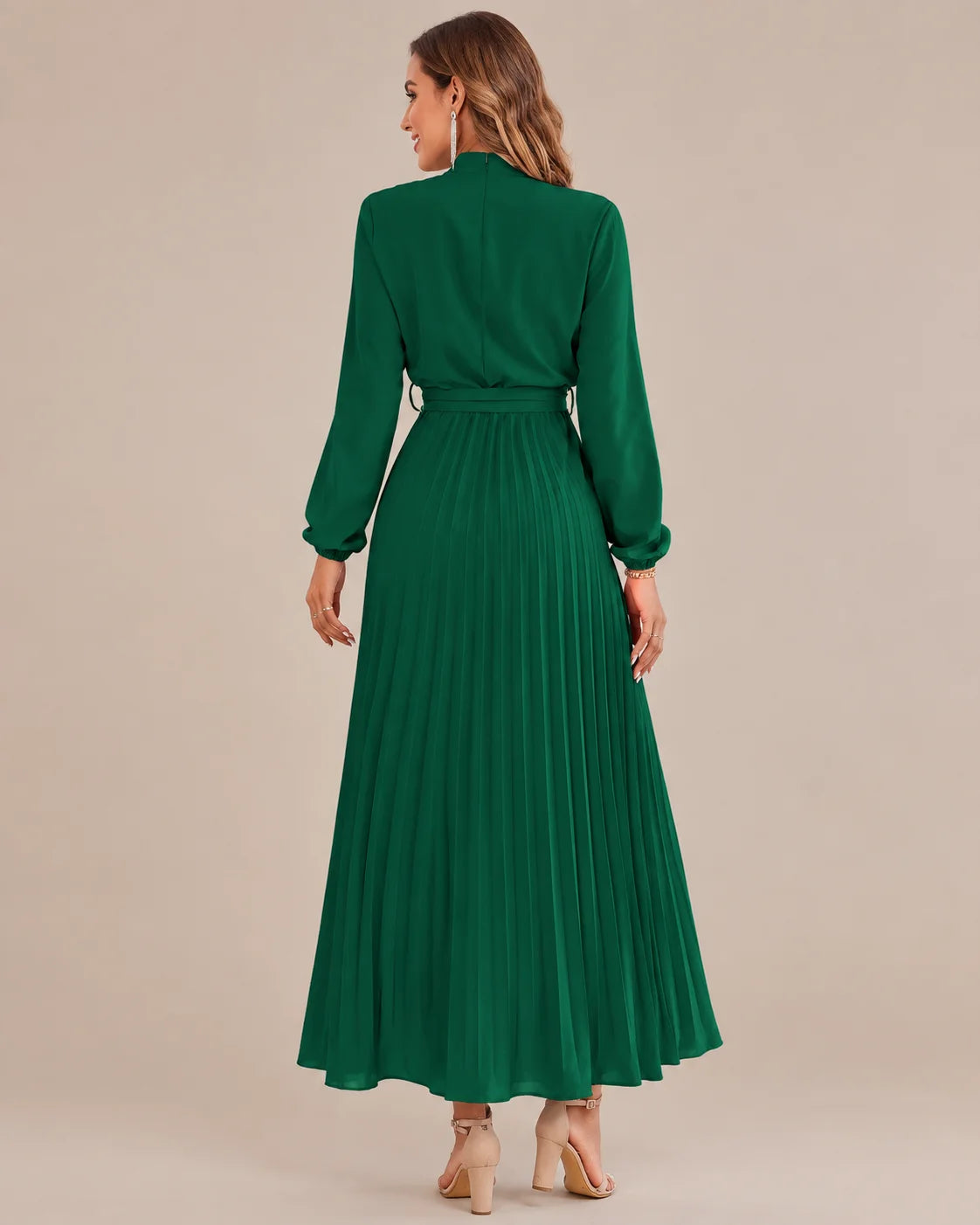Ruffled Mock Neck Belted Pleated Midi Dress | Oyese