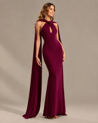 Draped Cape Keyhole Halter Fitted Maxi Evening Gown | Oyese