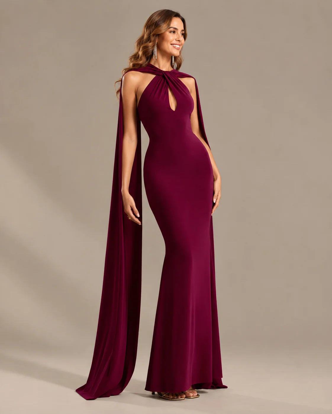 Draped Cape Keyhole Halter Fitted Maxi Evening Gown | Oyese