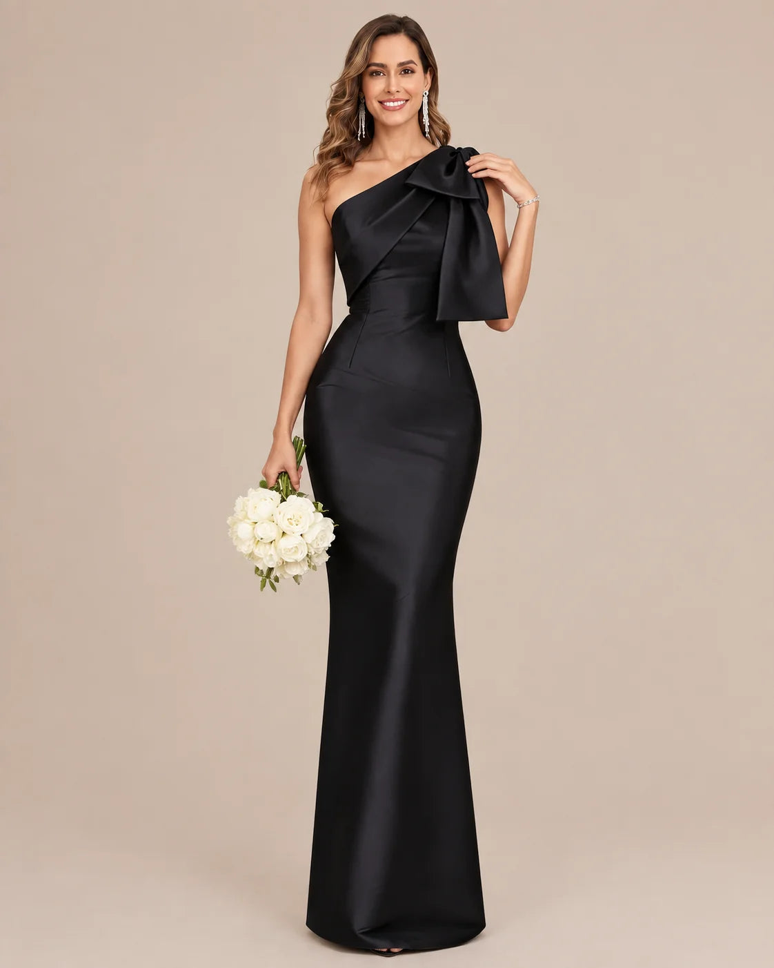 One-Shoulder Bow Satin Mermaid Evening Gown | Oyese