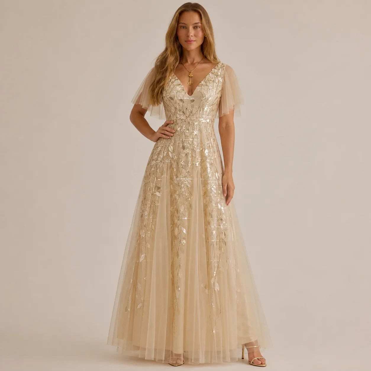 Deep V-Neck Sequin Tulle A-Line Gown – Flutter Sleeve Formal Evening Dress | Oyese