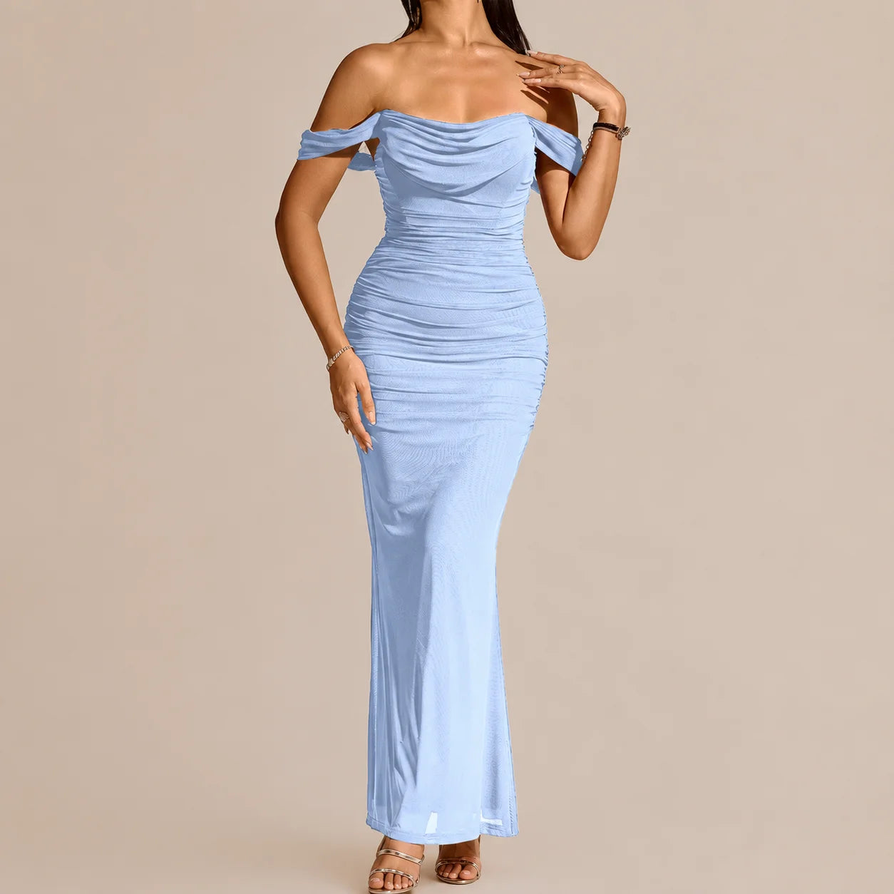 Off-Shoulder Ruched Mesh Bodycon Maxi Dress – Mermaid Evening Gown | Oyese