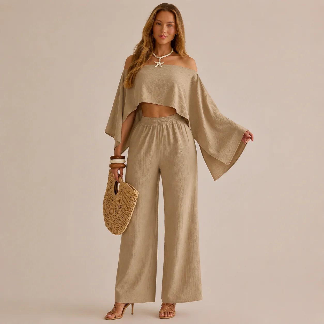 Off-Shoulder Cape Top & Wide Leg Pants Set – Beach Vacation 2-Piece | Oyese