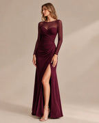 Illusion Neckline Sheer Sleeve Side Ruched Maxi Dress with Slit | Oyese