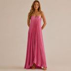 Strapless Pleated Maxi Gown – V-Notch Accordion Pleat Formal Dress | Oyese