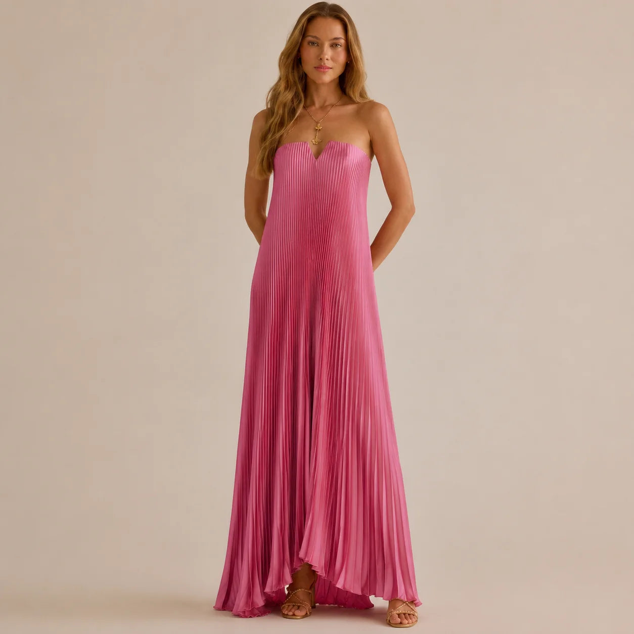 Strapless Pleated Maxi Gown – V-Notch Accordion Pleat Formal Dress | Oyese
